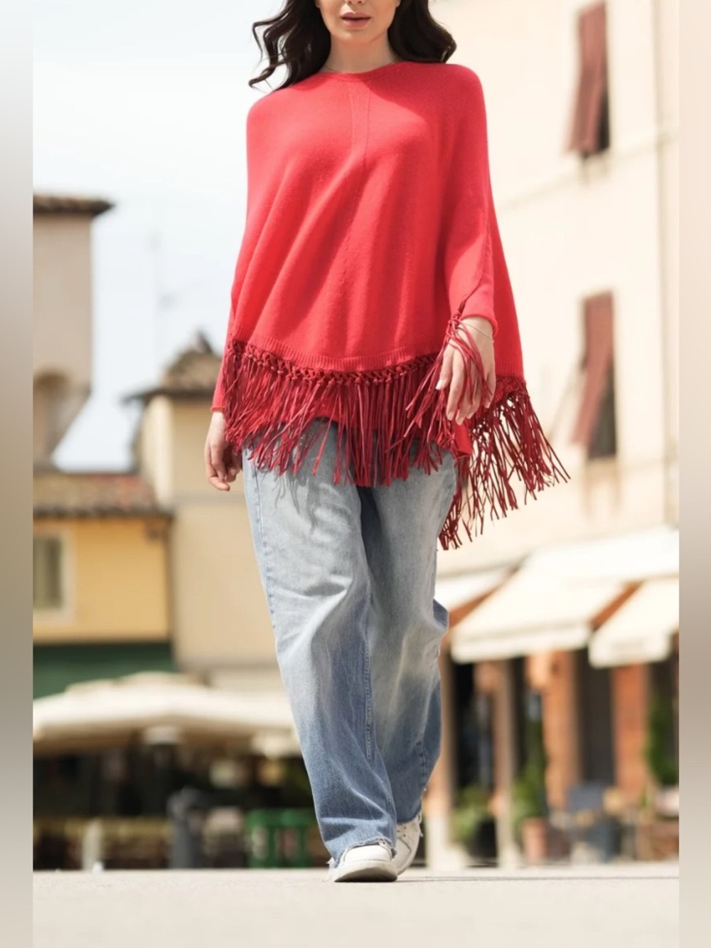 Pinotti Fringed Cashmere poncho with hand knotted suede fringe made in Italy!